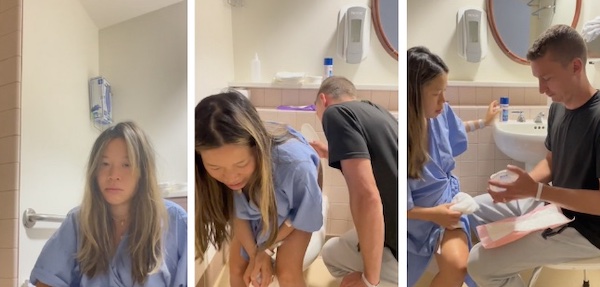 Man helpt vrouw postpartum naar toilet gaan