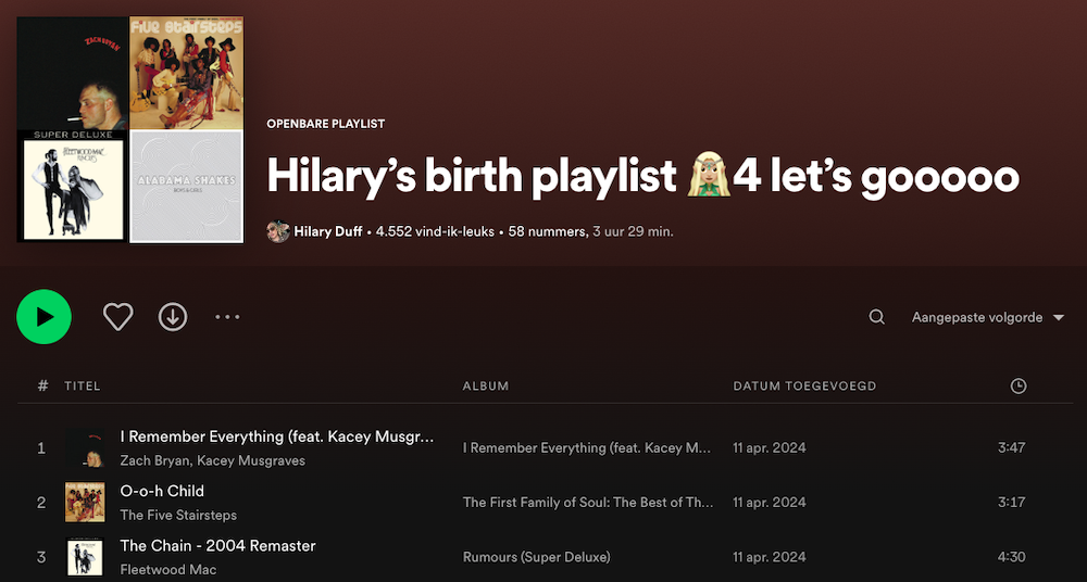 Playlist voor bevalling van Hilary Duff