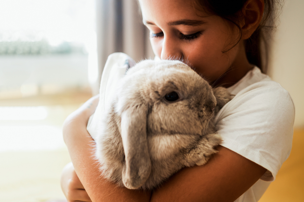 meisje knuffelt met haar konijn