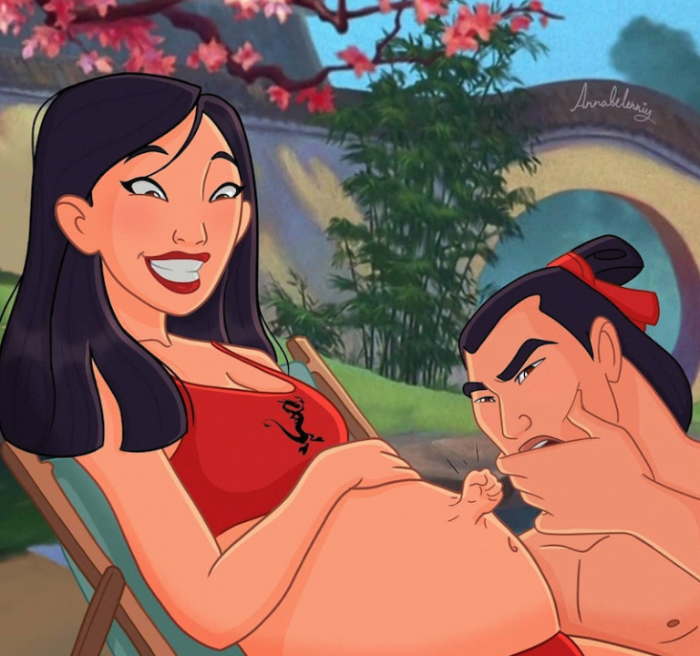 Disneyprinses Mulan zwanger schoppende baby