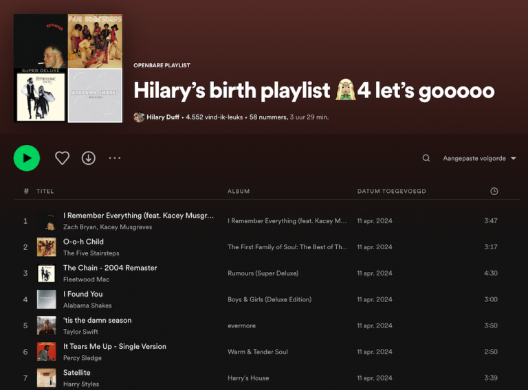 Playlist voor bevalling van Hilary Duff